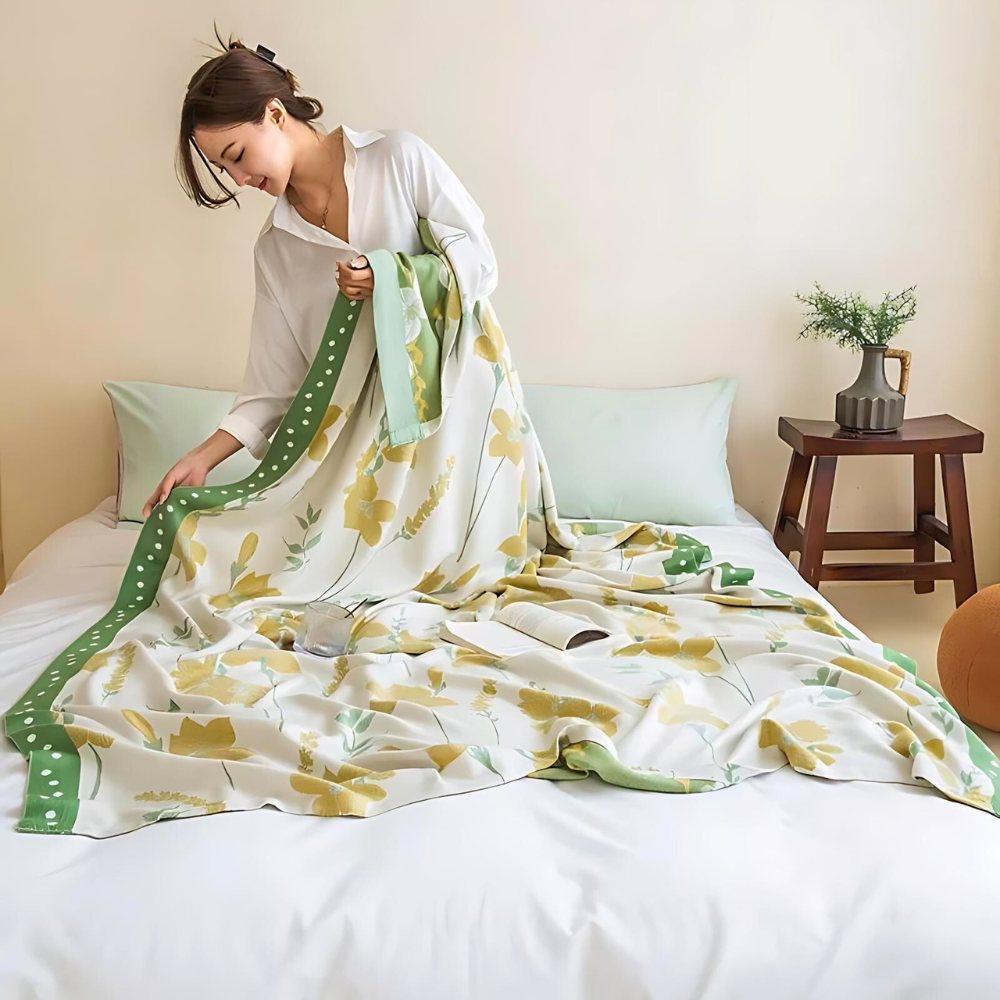 Yellow Flower Leaf Cooling Blanket — lifestyle shot