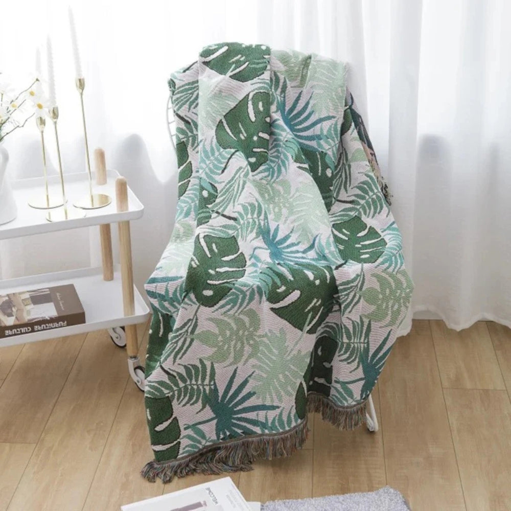 Palm Leaves Sofa Cover Tassel Blanket — lifestyle shot