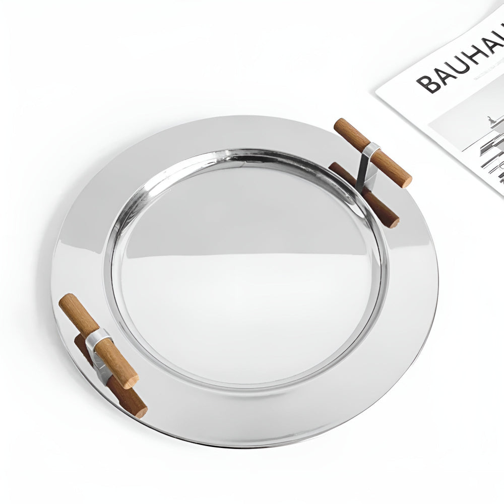 Elegant Stainless Steel Round Tray with Wooden Handles — product close-up