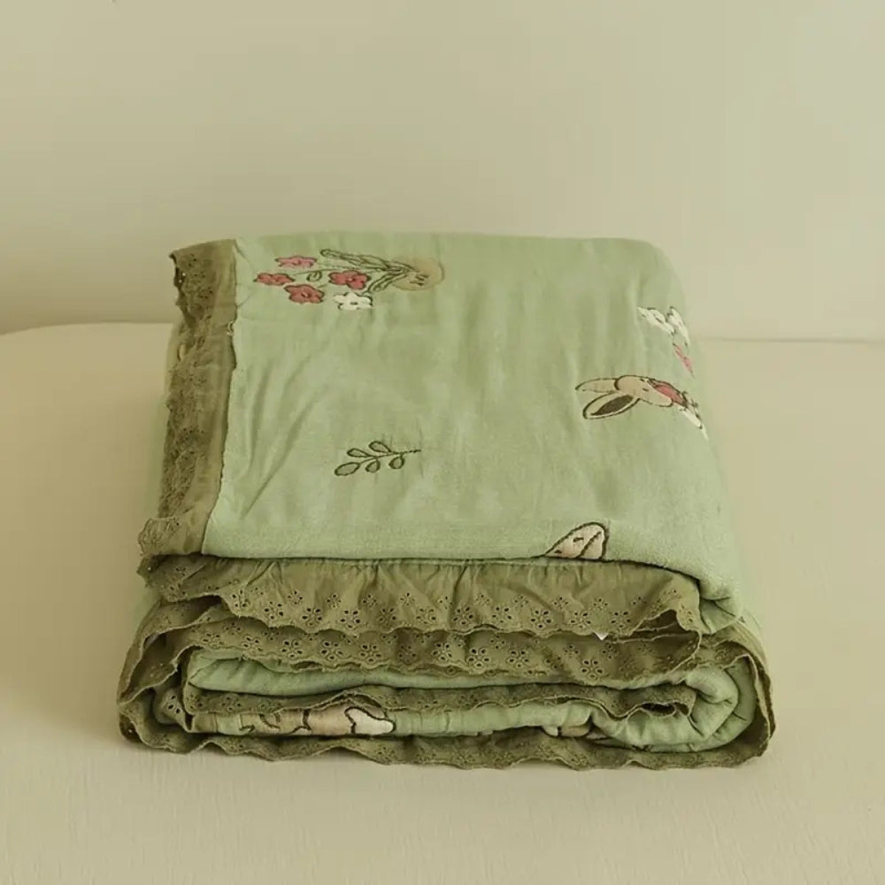 Embroidered Bunny Floral Cotton Blanket — alternate angle view