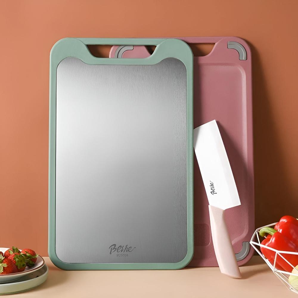 Stylish Double-Sided Stainless Steel Chopping Board — product in use