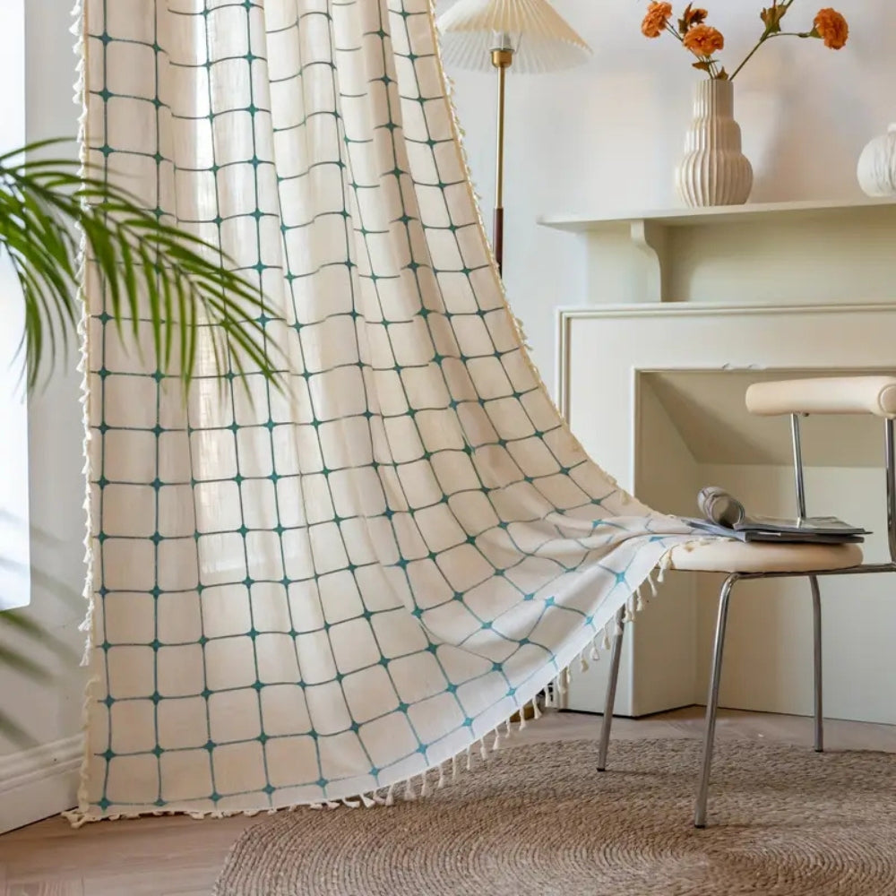 Turquoise Lattice Boho Tassel Curtain — alternate angle view