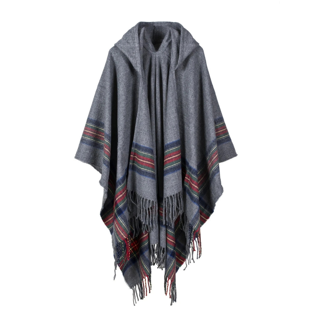 Acrylic Hooded Striped Poncho Shawl — alternate angle view