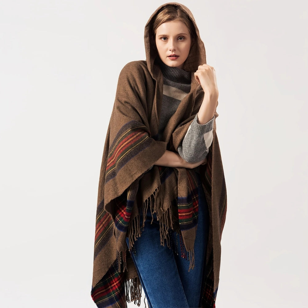 Acrylic Hooded Striped Poncho Shawl — main product photo