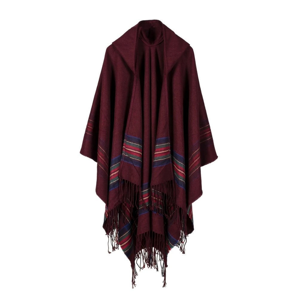 Acrylic Hooded Striped Poncho Shawl — lifestyle shot