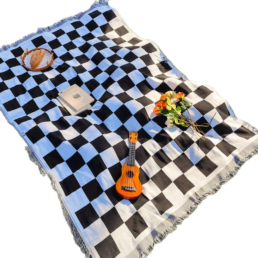 All-Season Checkered Picnic Blanket with Fringe — additional view