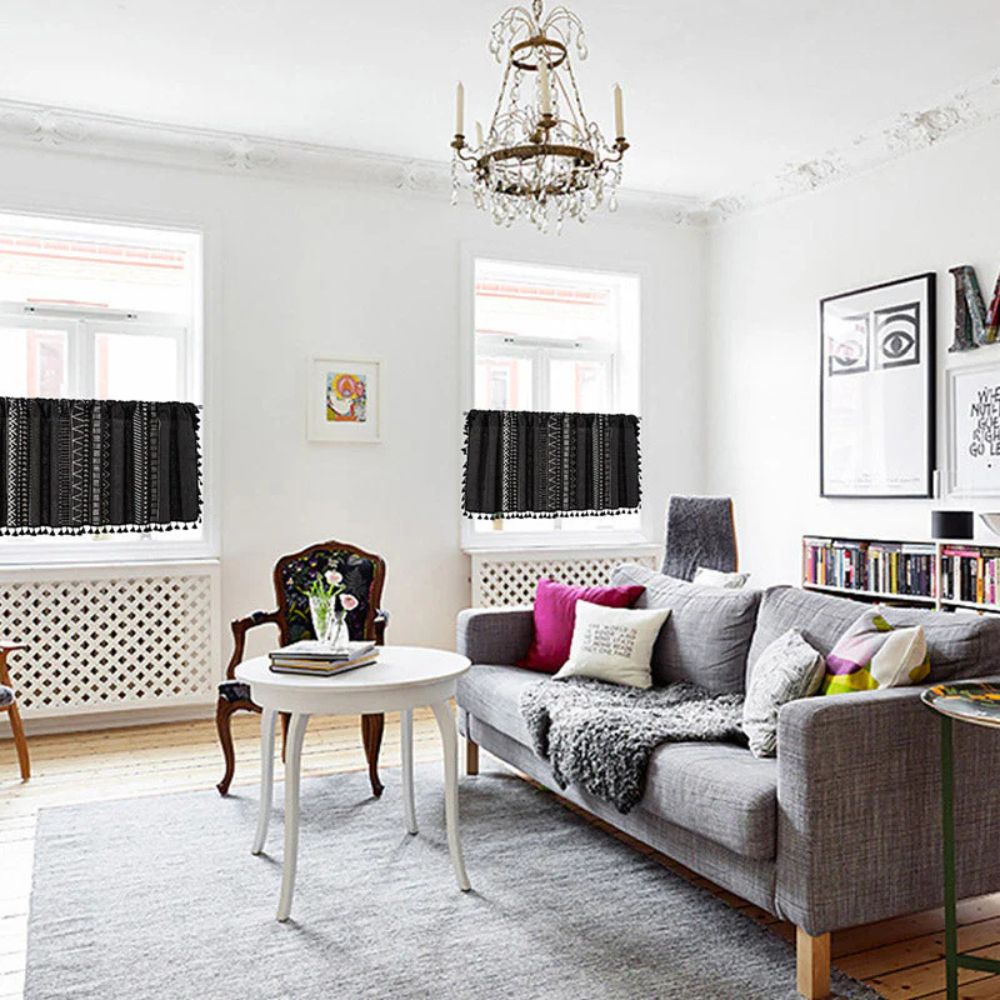 Black Geometric Tribal Tassel Cabinet Curtain — product detail view