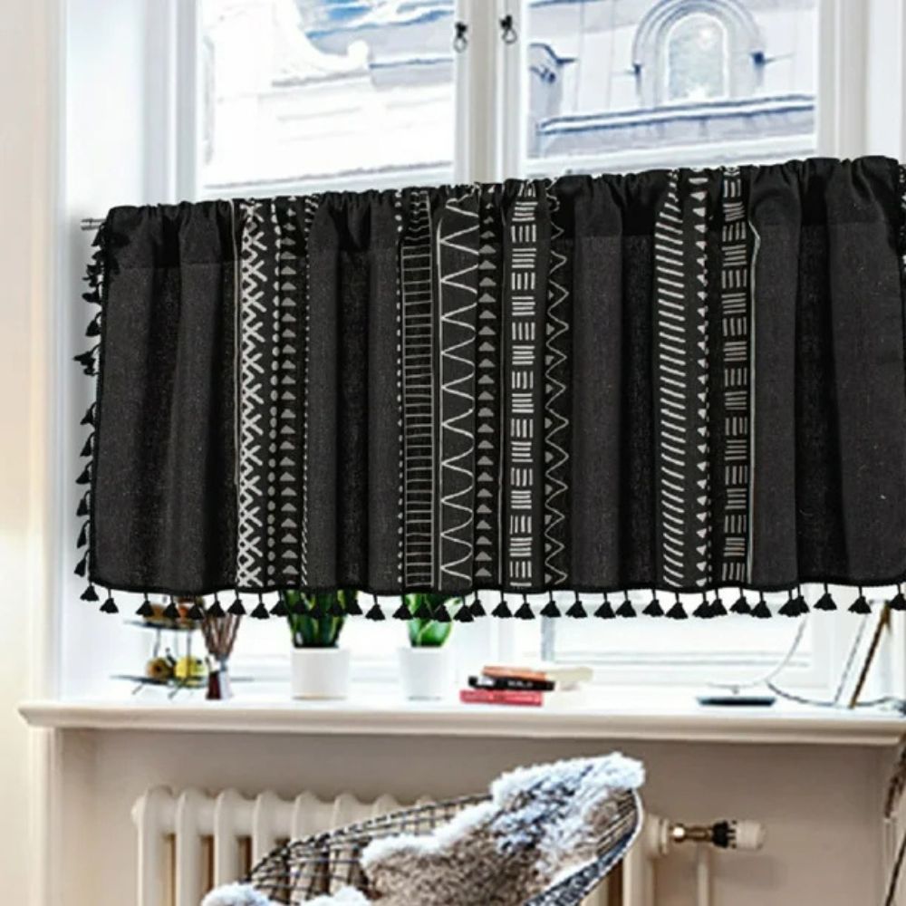Black Geometric Tribal Tassel Cabinet Curtain — alternate angle view