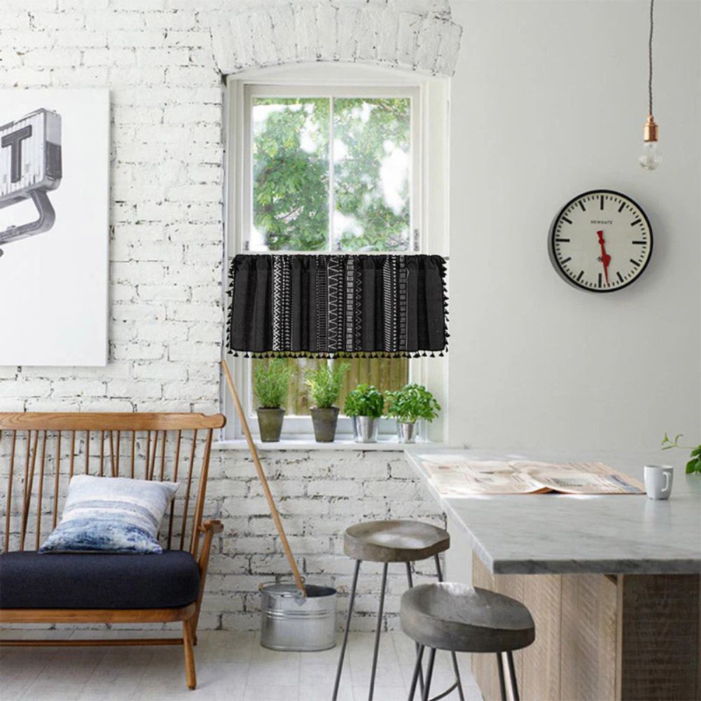 Black Geometric Tribal Tassel Cabinet Curtain — product in use