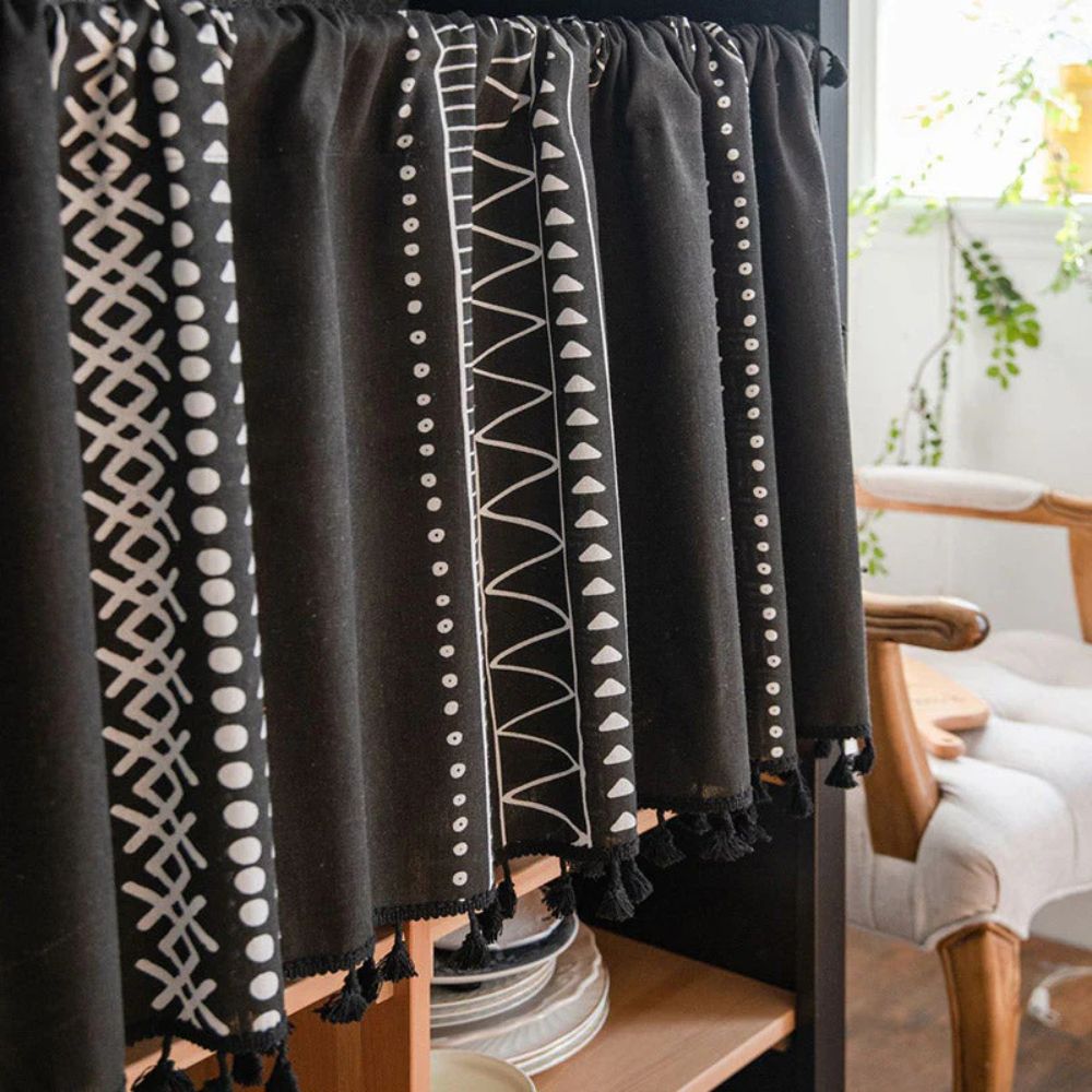 Black Geometric Tribal Tassel Cabinet Curtain — main product photo