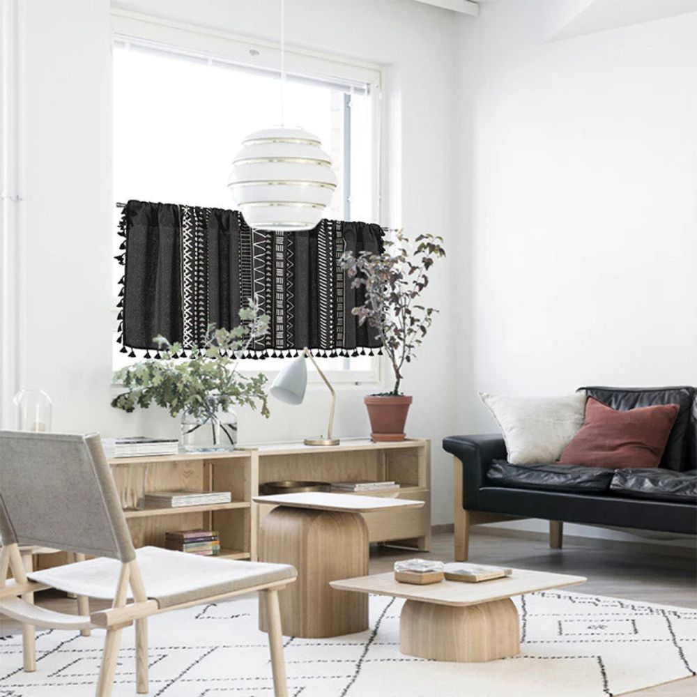 Black Geometric Tribal Tassel Cabinet Curtain — lifestyle shot