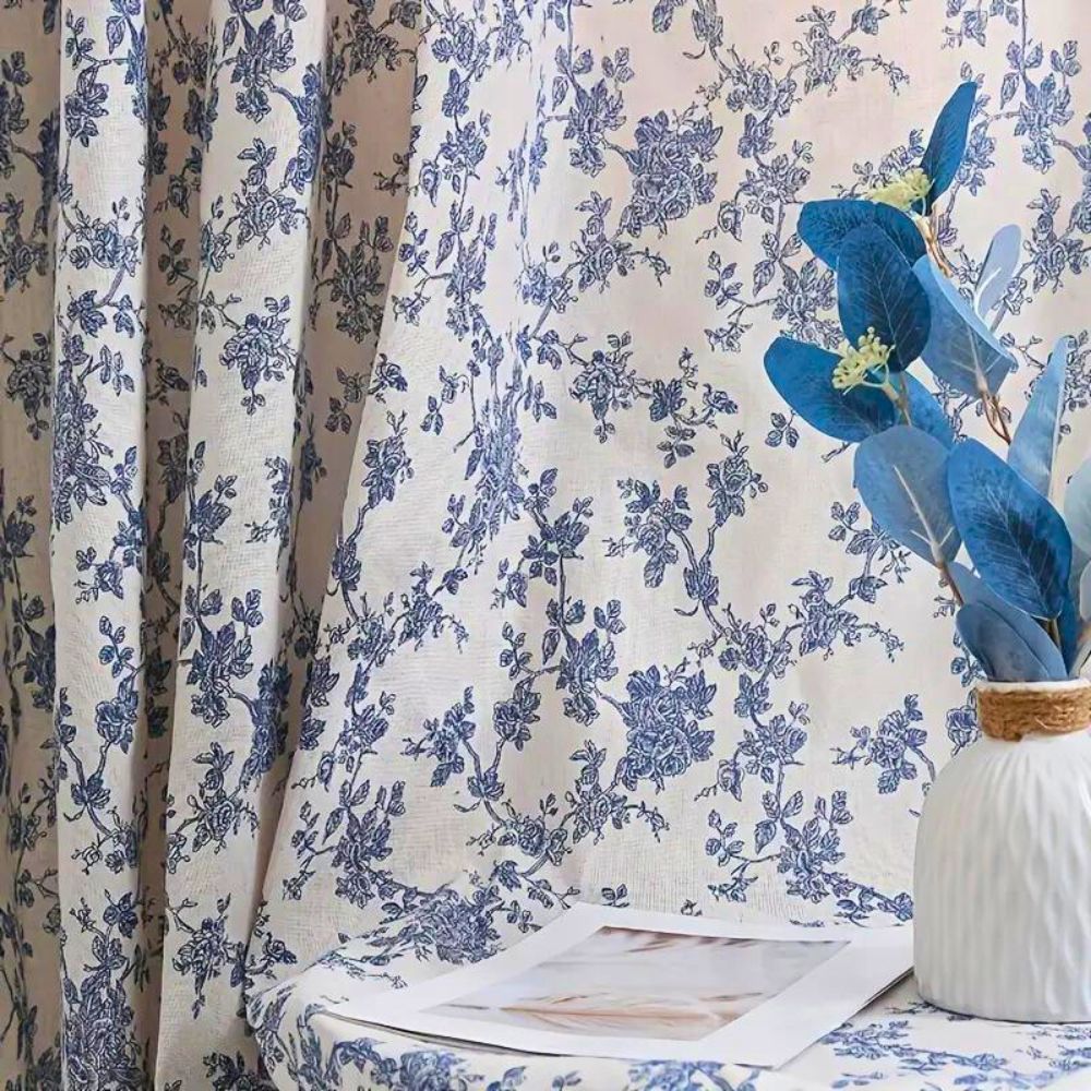 Blue Rose Floral Home Curtain — product detail view