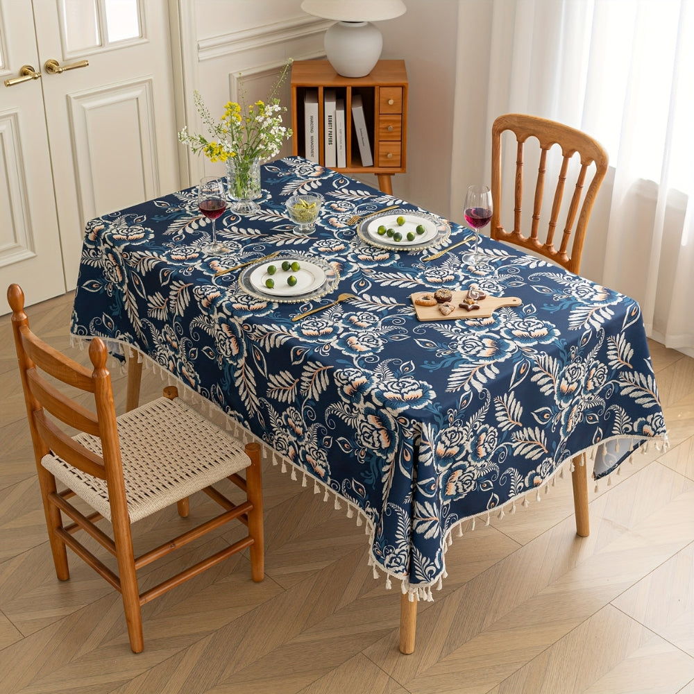 Peacock Blossom Boho Floral Tablecloth with Tassel — main product photo