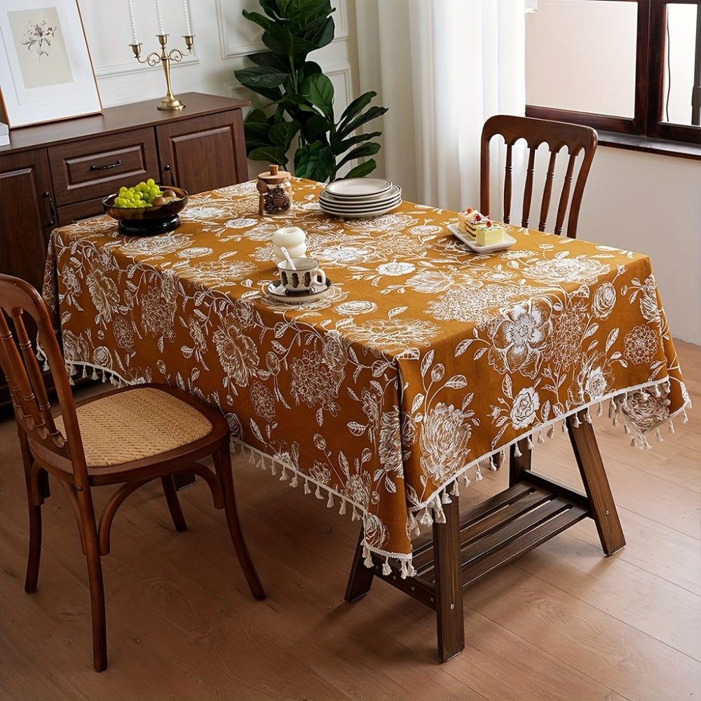 Peacock Blossom Boho Floral Tablecloth with Tassel — alternate angle view
