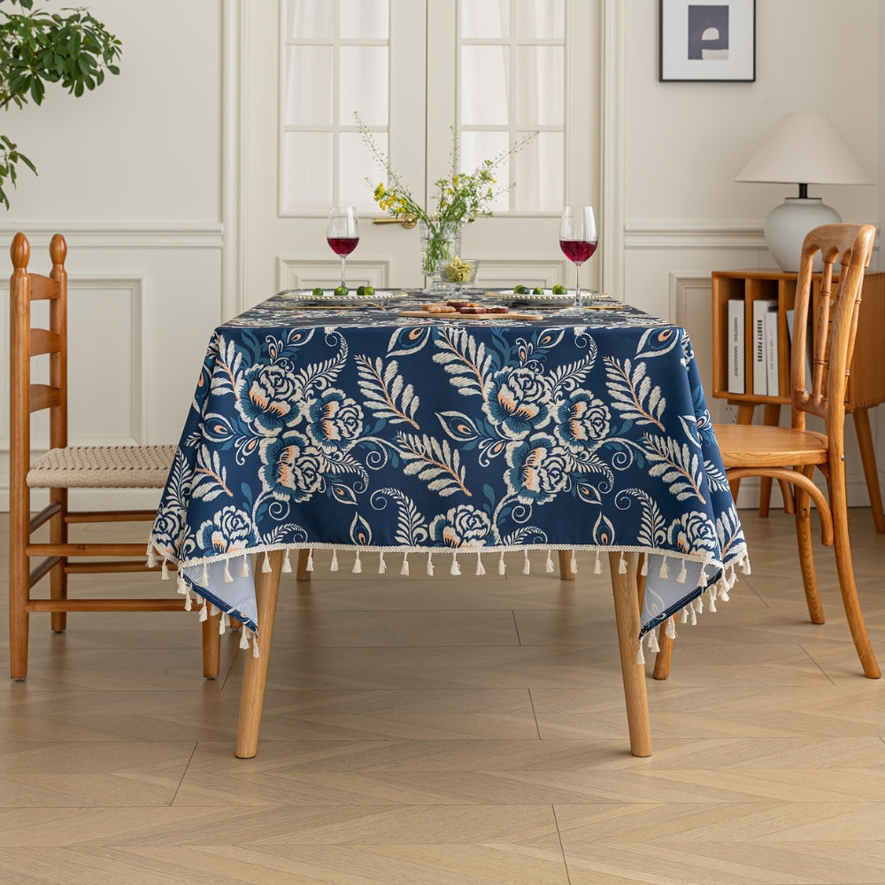 Peacock Blossom Boho Floral Tablecloth with Tassel — product detail view