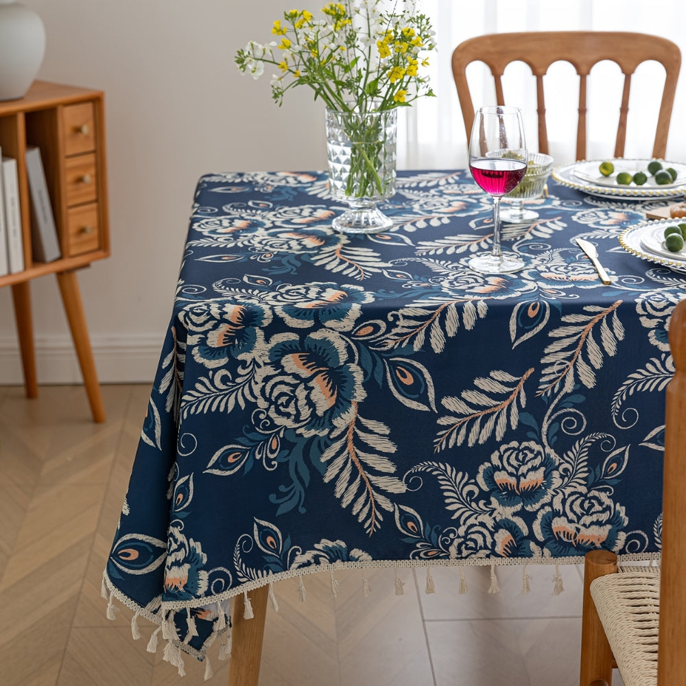 Peacock Blossom Boho Floral Tablecloth with Tassel — product in use