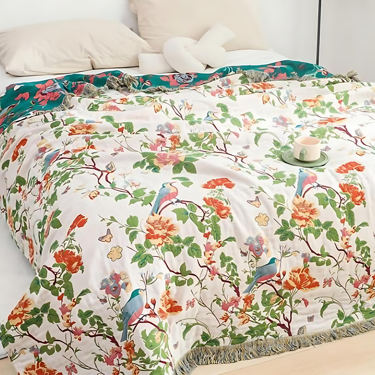 Botanic Bluebird Reversible Cotton Blanket — product in use