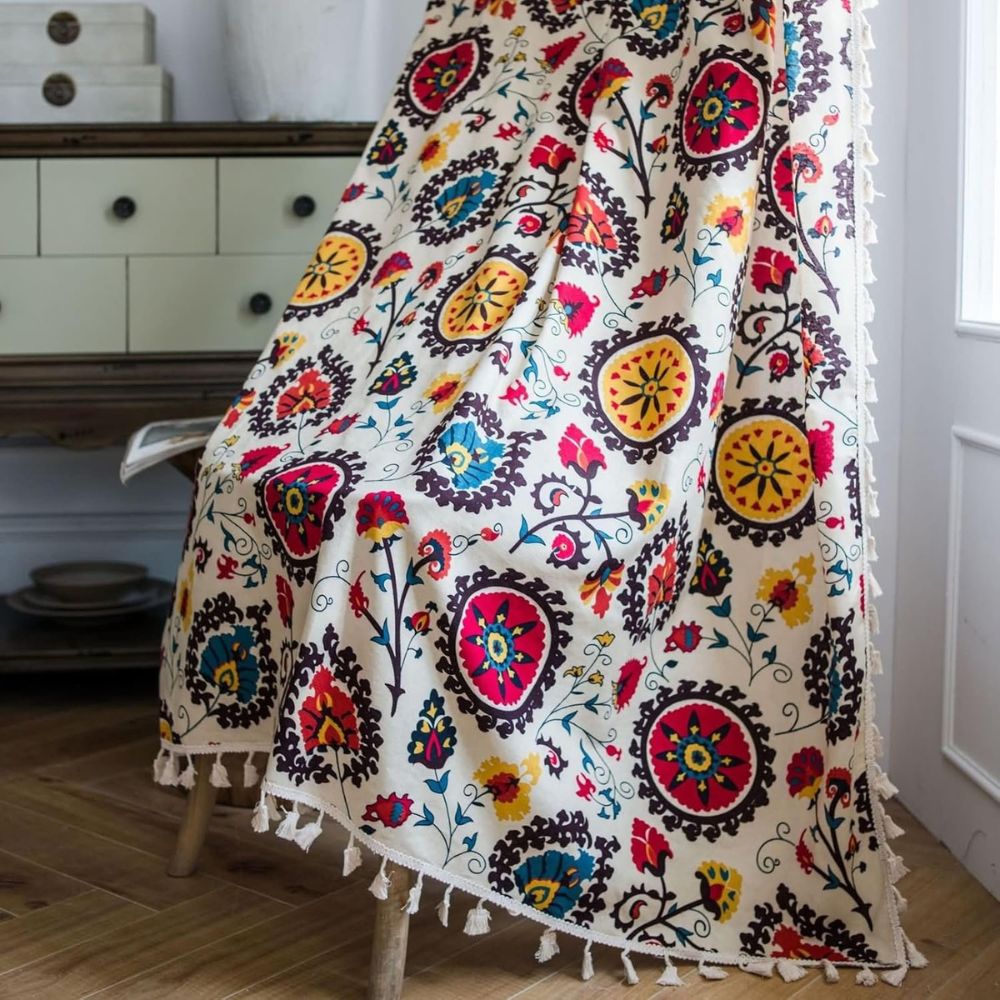 Boho Colour Wheel Bloom Tassel Curtain — product in use