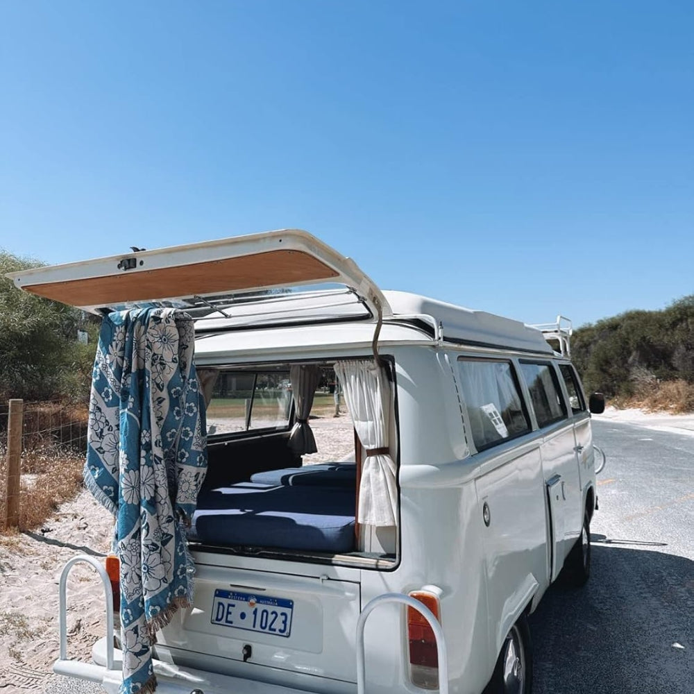 Blue Daisy Bloom Boho Travel Outdoor Blanket — product close-up