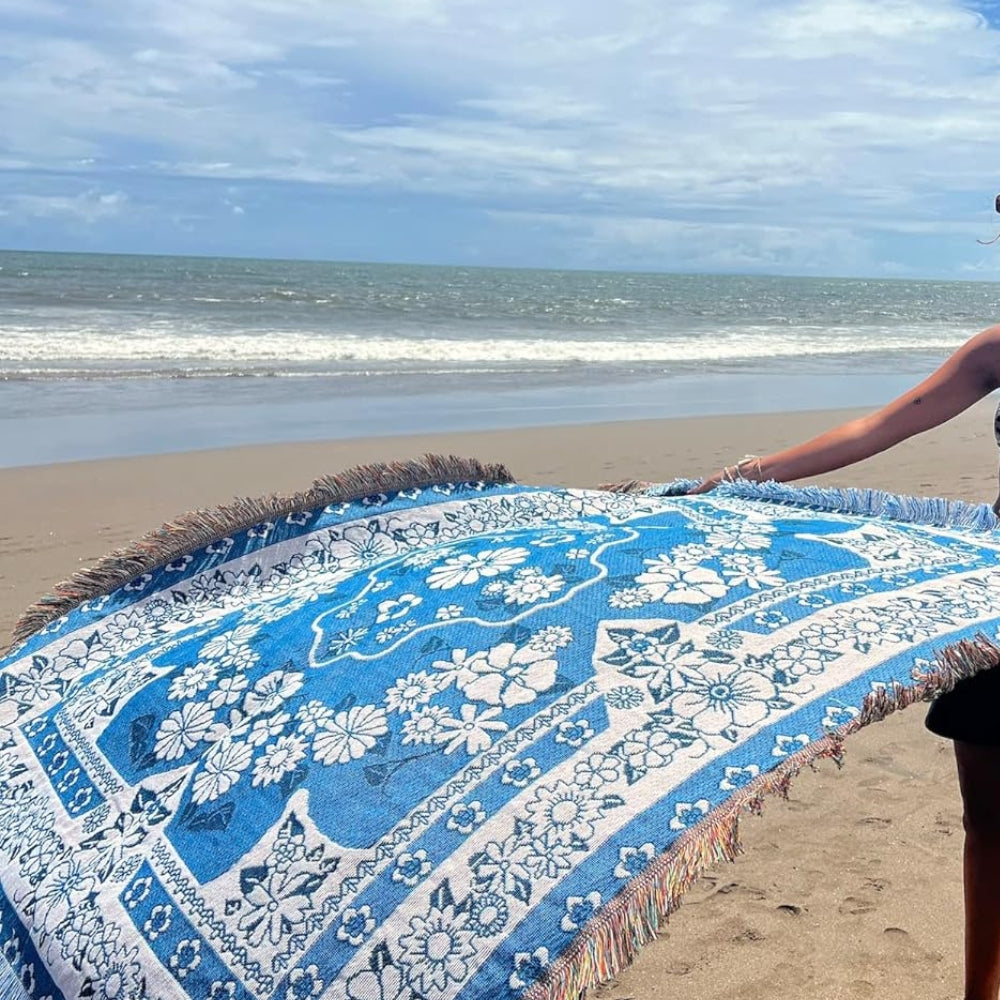 Blue Daisy Bloom Boho Travel Outdoor Blanket — product detail view