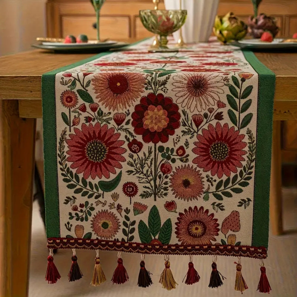 Embroidered Floral Tassel Table Runner — product close-up