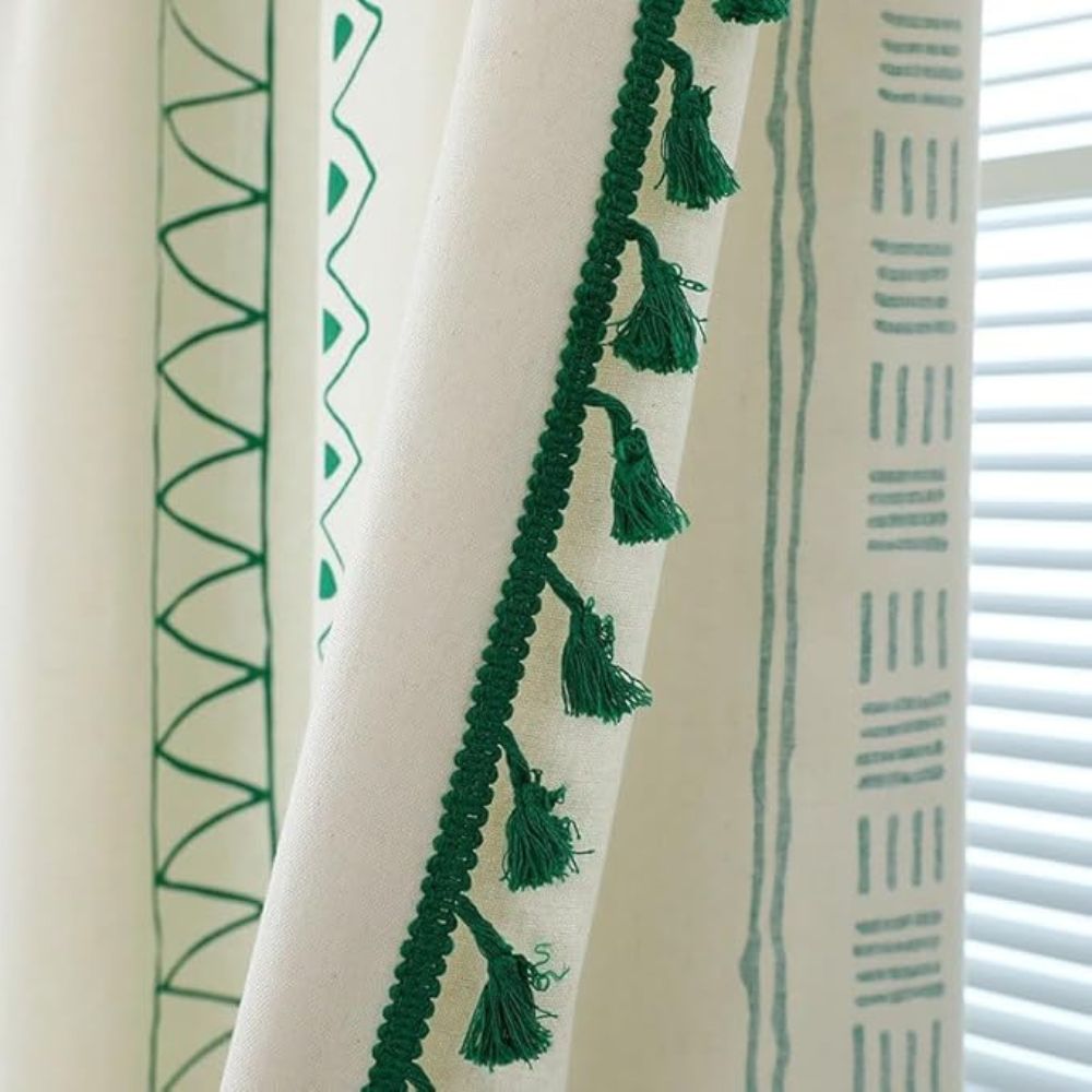 Emerald Tribe Boho Tassel Curtain — product in use