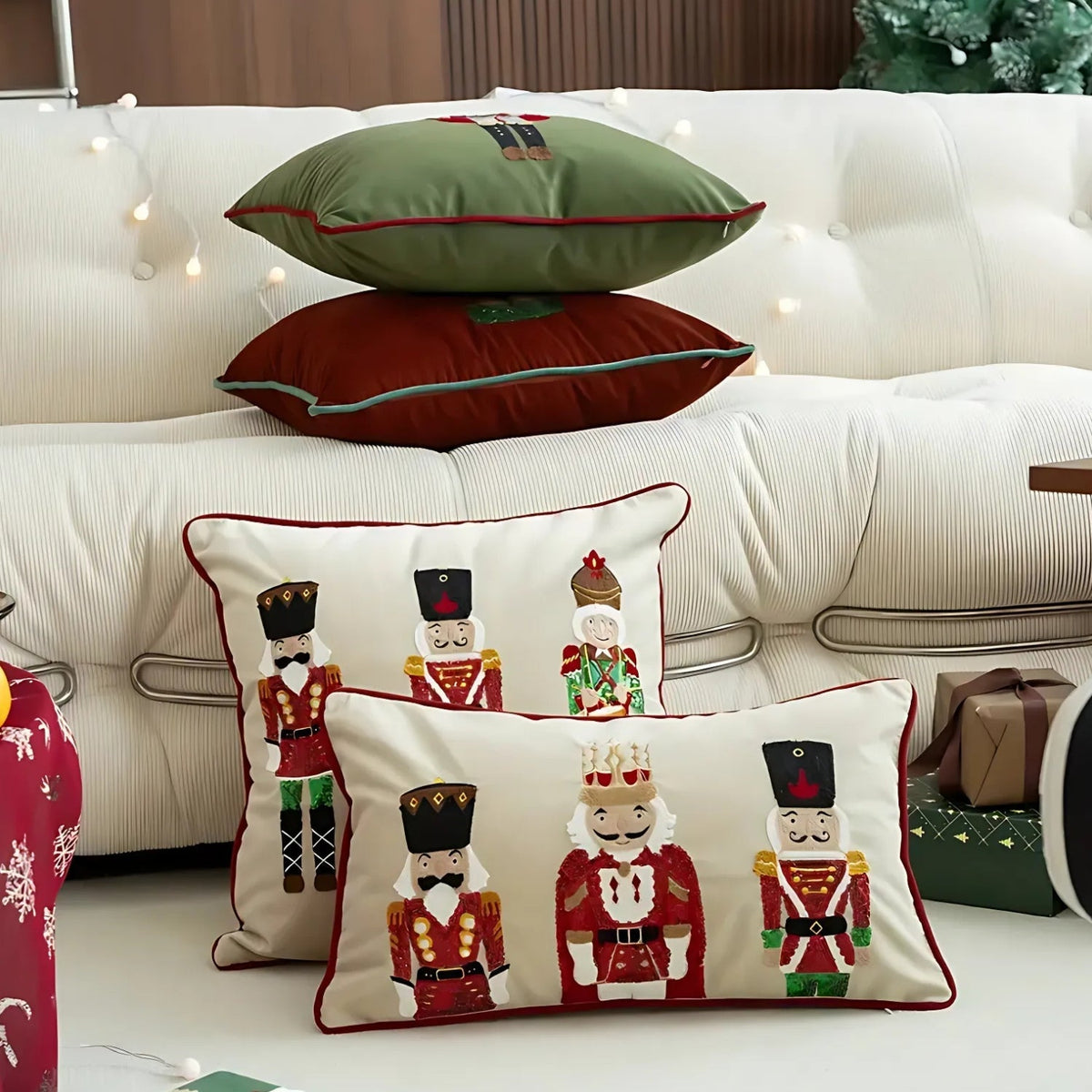 Festive Nutcracker Embroidered Christmas Cushion Cover — product detail view