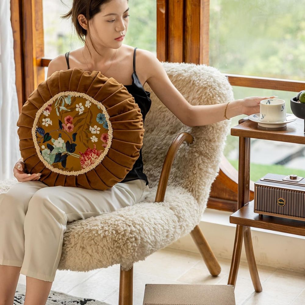 Floral Medley Velvet Round Cushion — product close-up