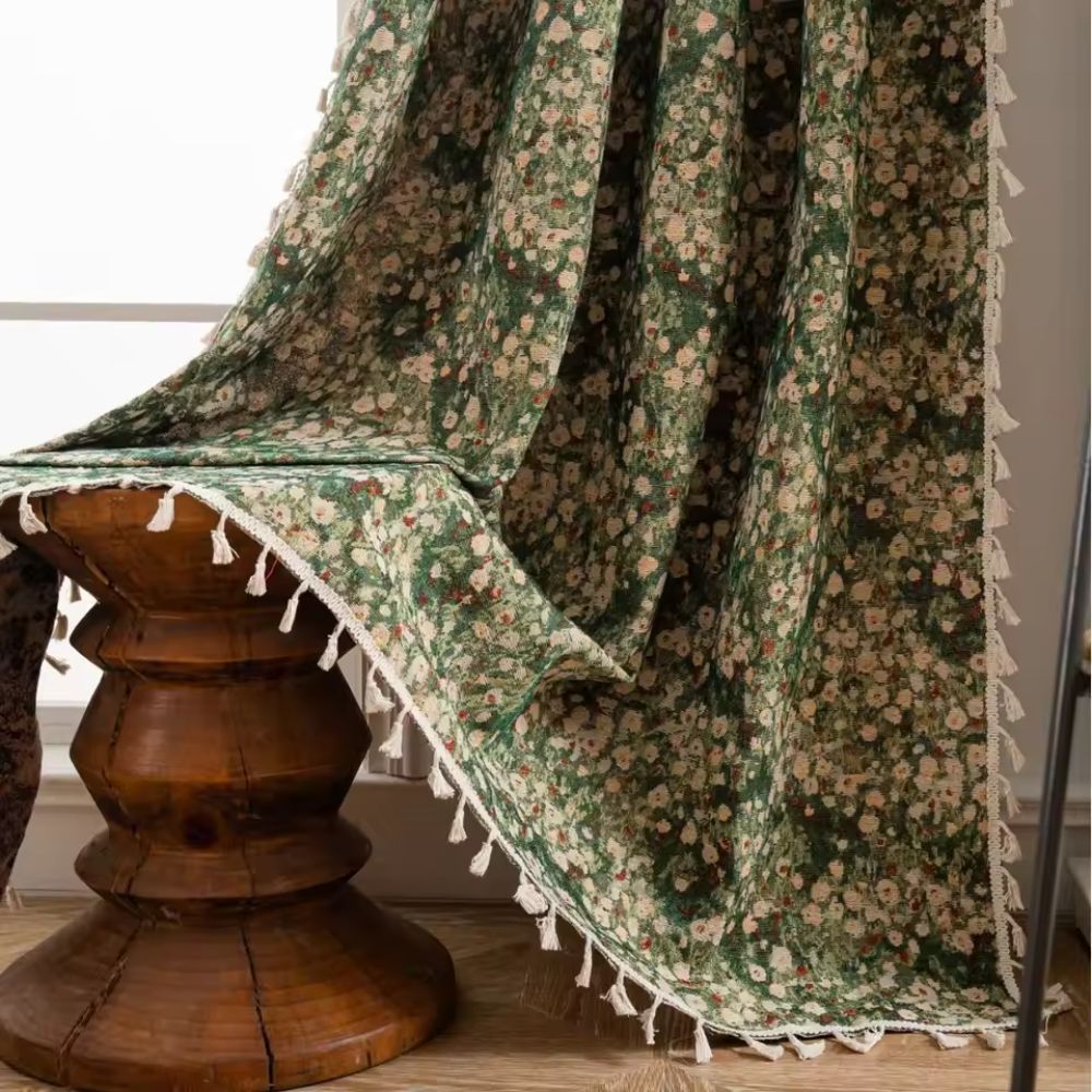 French Vintage Floral Tapestry Curtain — material texture close-up