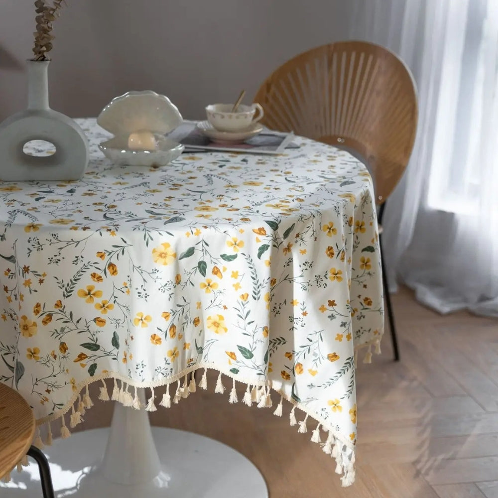 Golden Tassel Floral Round Table Cloth — product in use