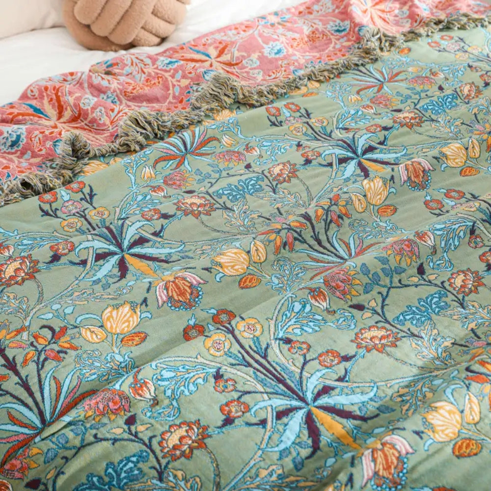 Greenery Floral Cotton Tassel Blanket — product detail view