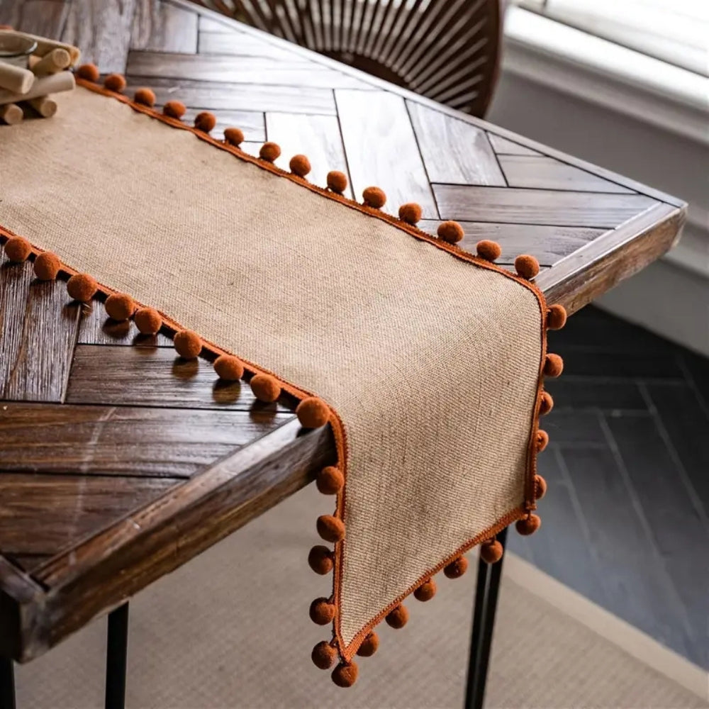 Jute Bohemian Pom-Pom Table Runner — product detail view