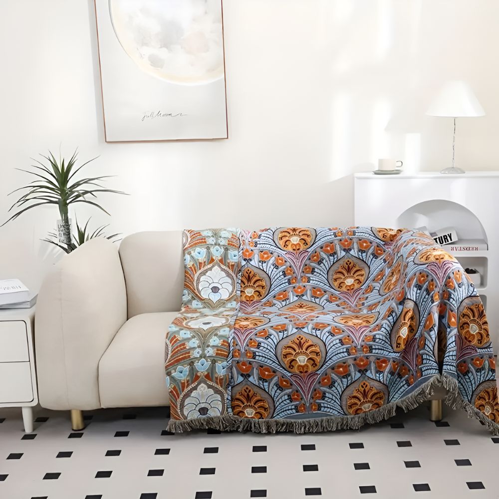 Lotus Bloom Jacquard Cotton Blanket — product in use