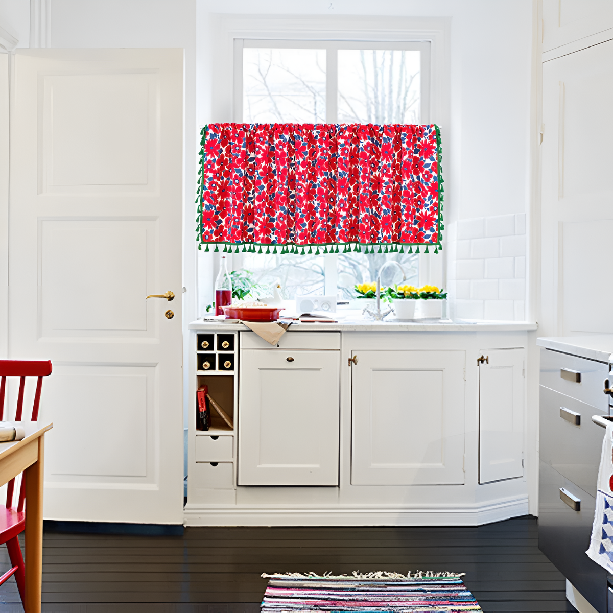 Graceful Red Floral Linen Cabinet Window Curtain — product detail view