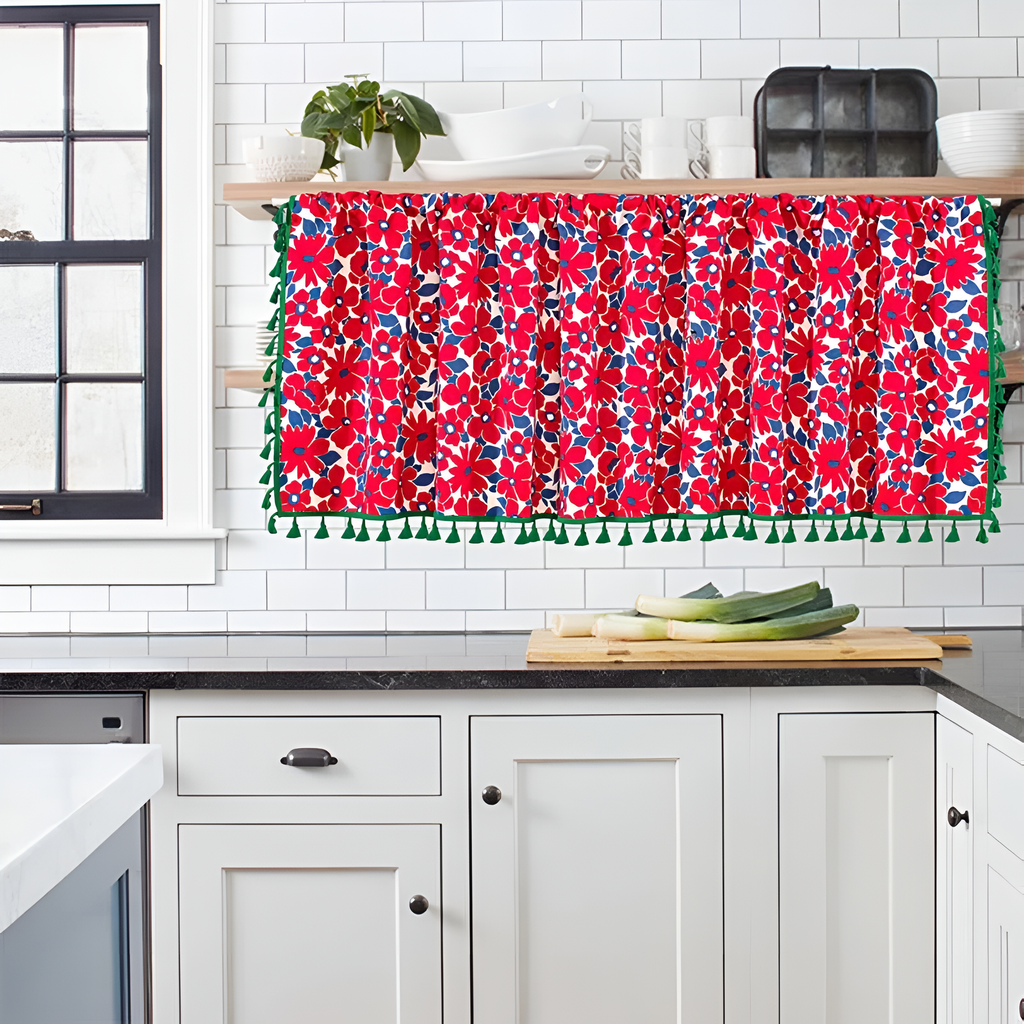 Graceful Red Floral Linen Cabinet Window Curtain — product in use
