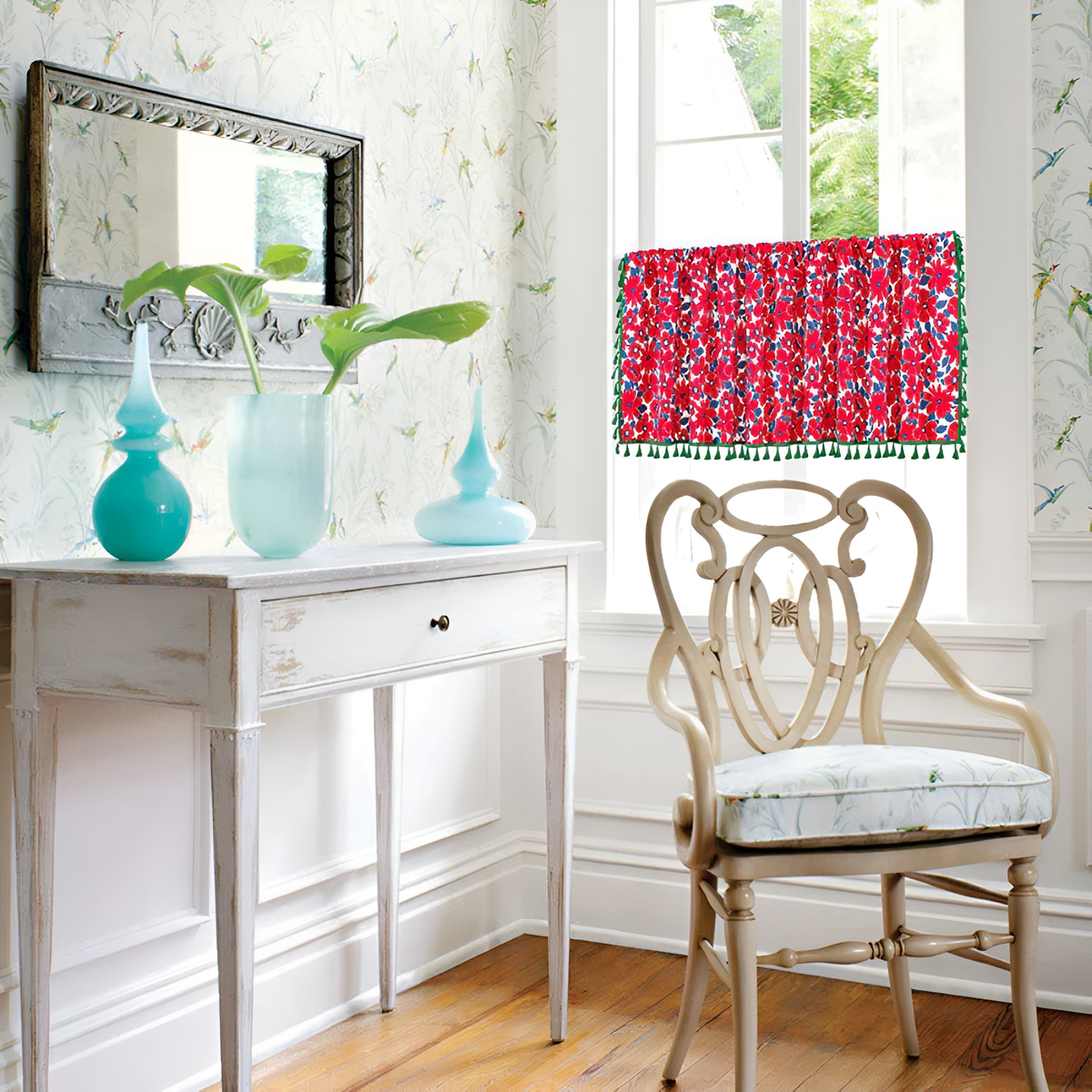 Graceful Red Floral Linen Cabinet Window Curtain — product close-up