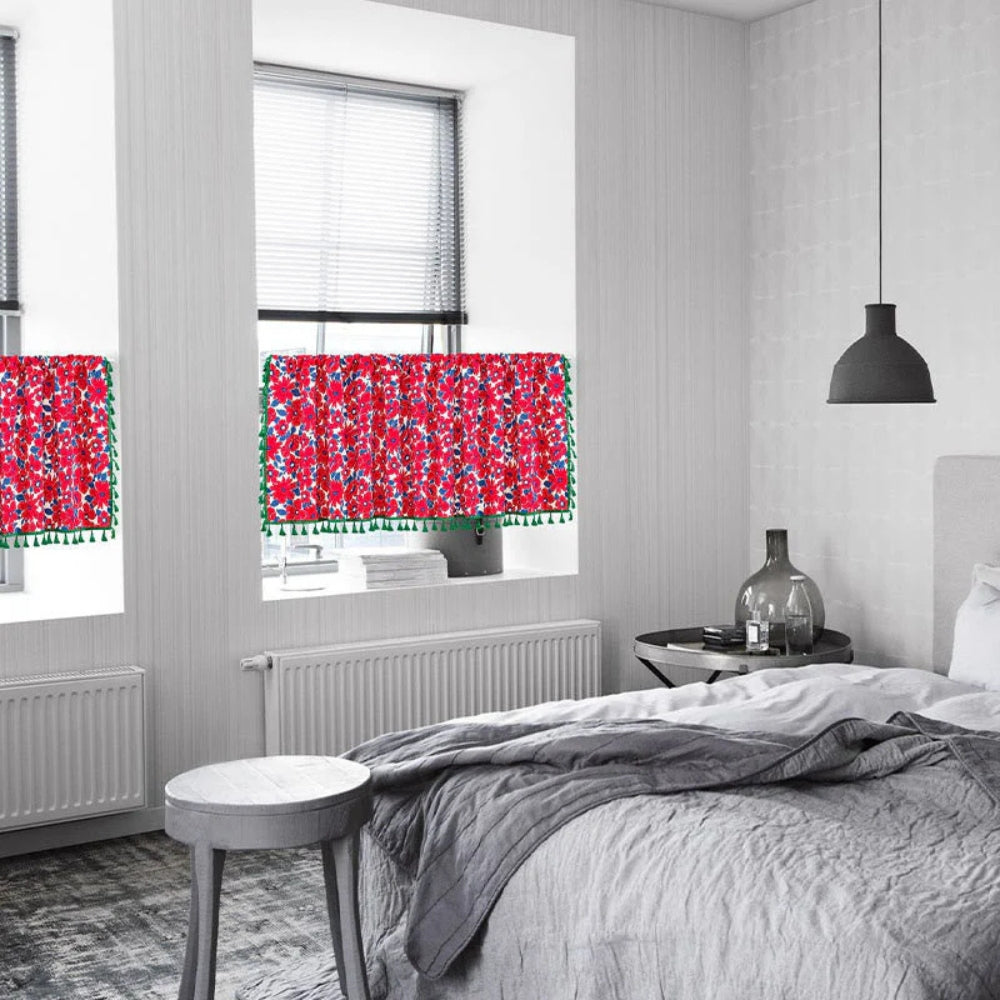 Graceful Red Floral Linen Cabinet Window Curtain — lifestyle shot