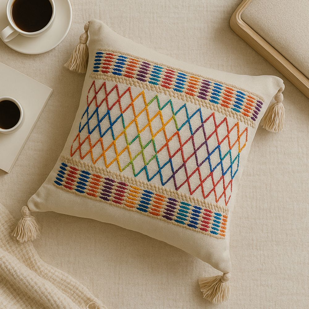Rainbow Lattice Tassel Cushion Cover — product detail view