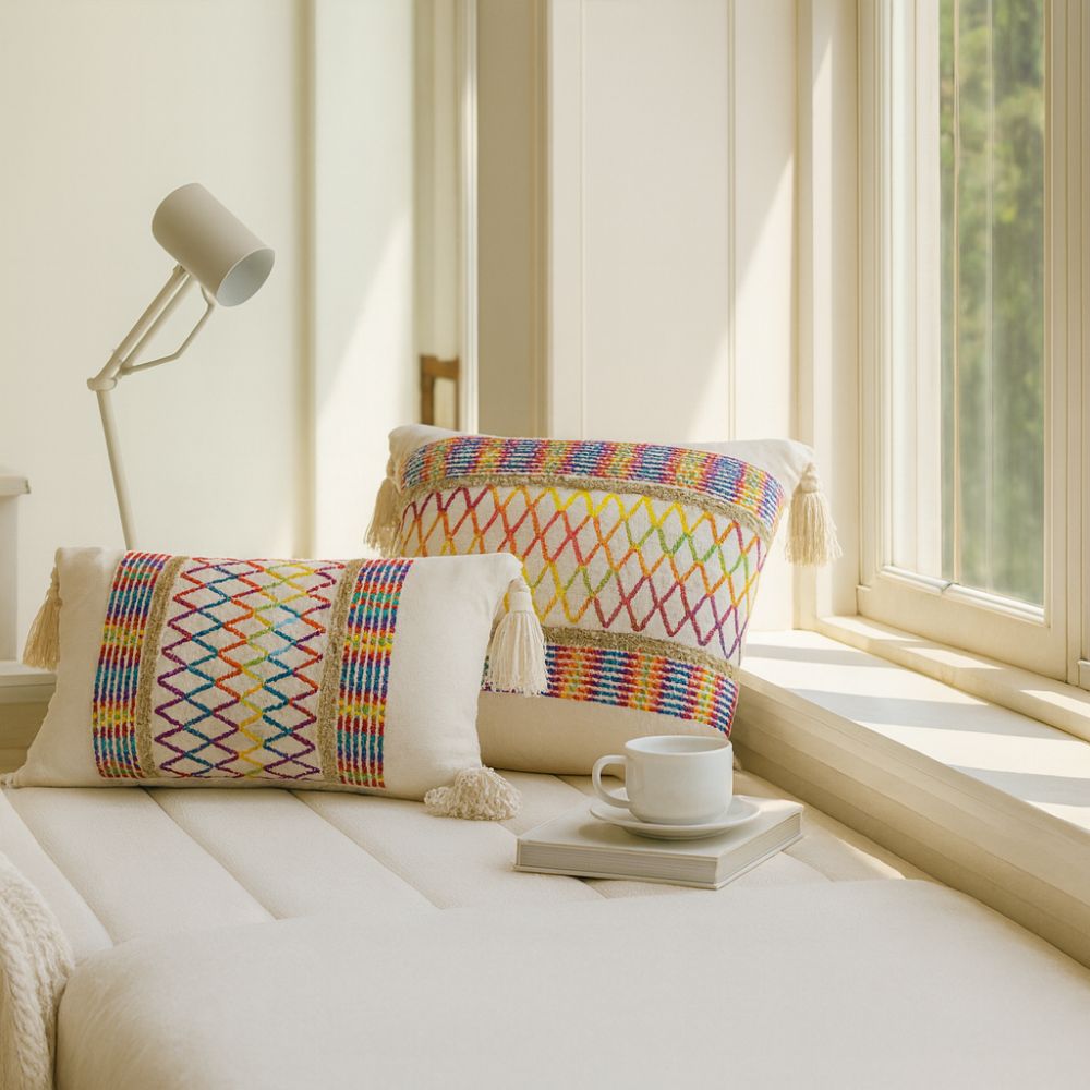 Rainbow Lattice Tassel Cushion Cover — product in use