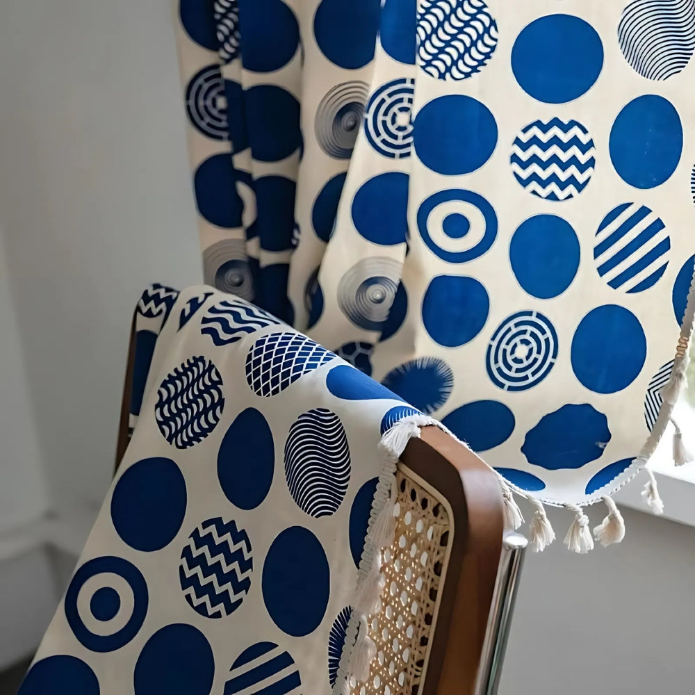 Retro Blue Polka Dots Patterned Window Curtain — product detail view