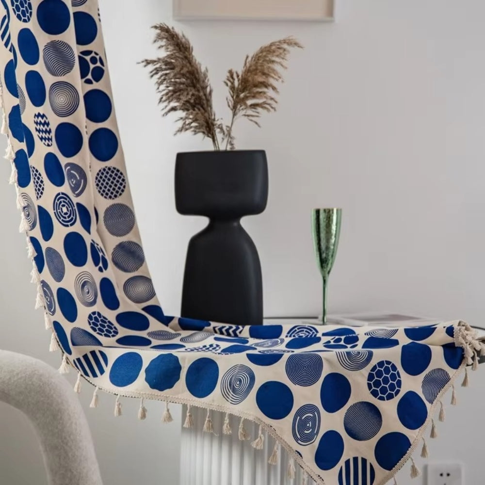 Retro Blue Polka Dots Patterned Window Curtain — product close-up