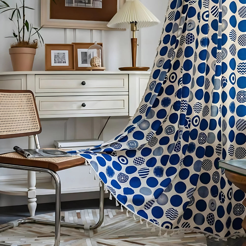 Retro Blue Polka Dots Patterned Window Curtain — main product photo