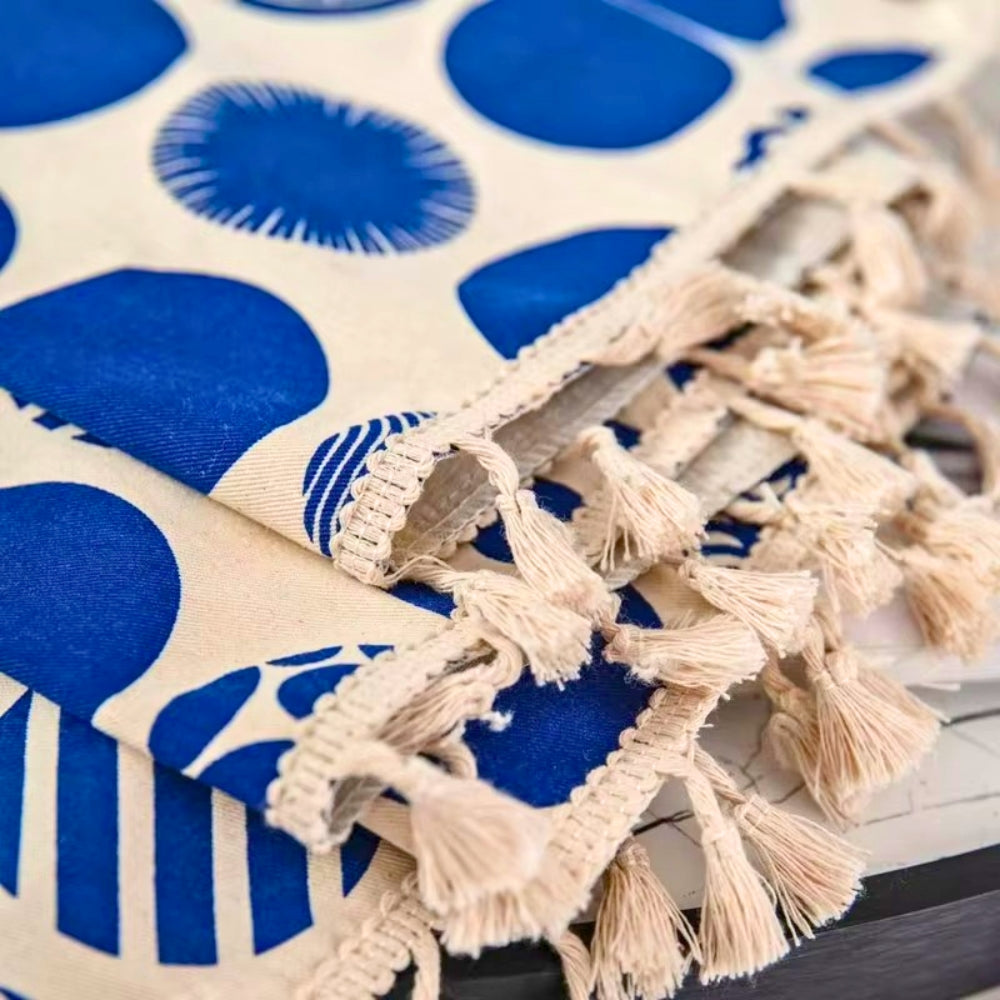 Retro Blue Polka Dots Patterned Window Curtain — lifestyle shot