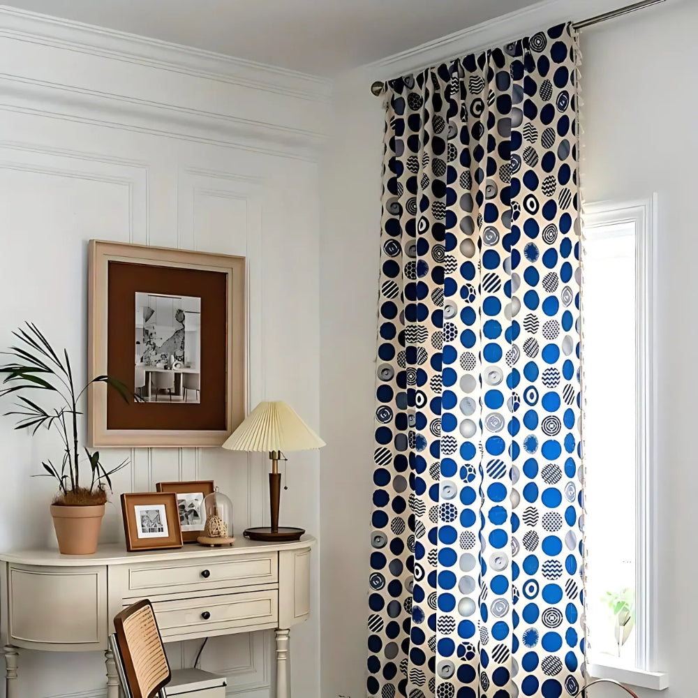 Retro Blue Polka Dots Patterned Window Curtain — product in use