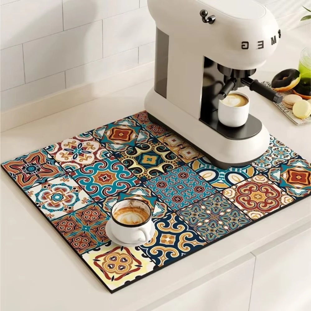 Retro Tile Design Absorbent Coffee Mat — material texture close-up