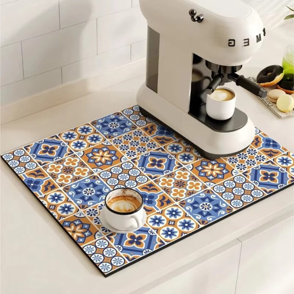 Retro Tile Design Absorbent Coffee Mat — product in use