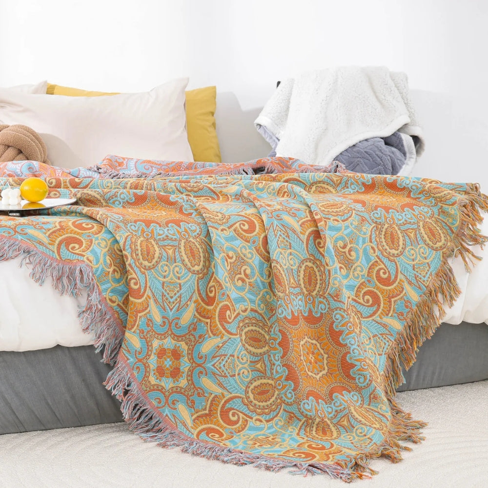 Reversible Paisley Bohemian Cotton Blanket — product in use