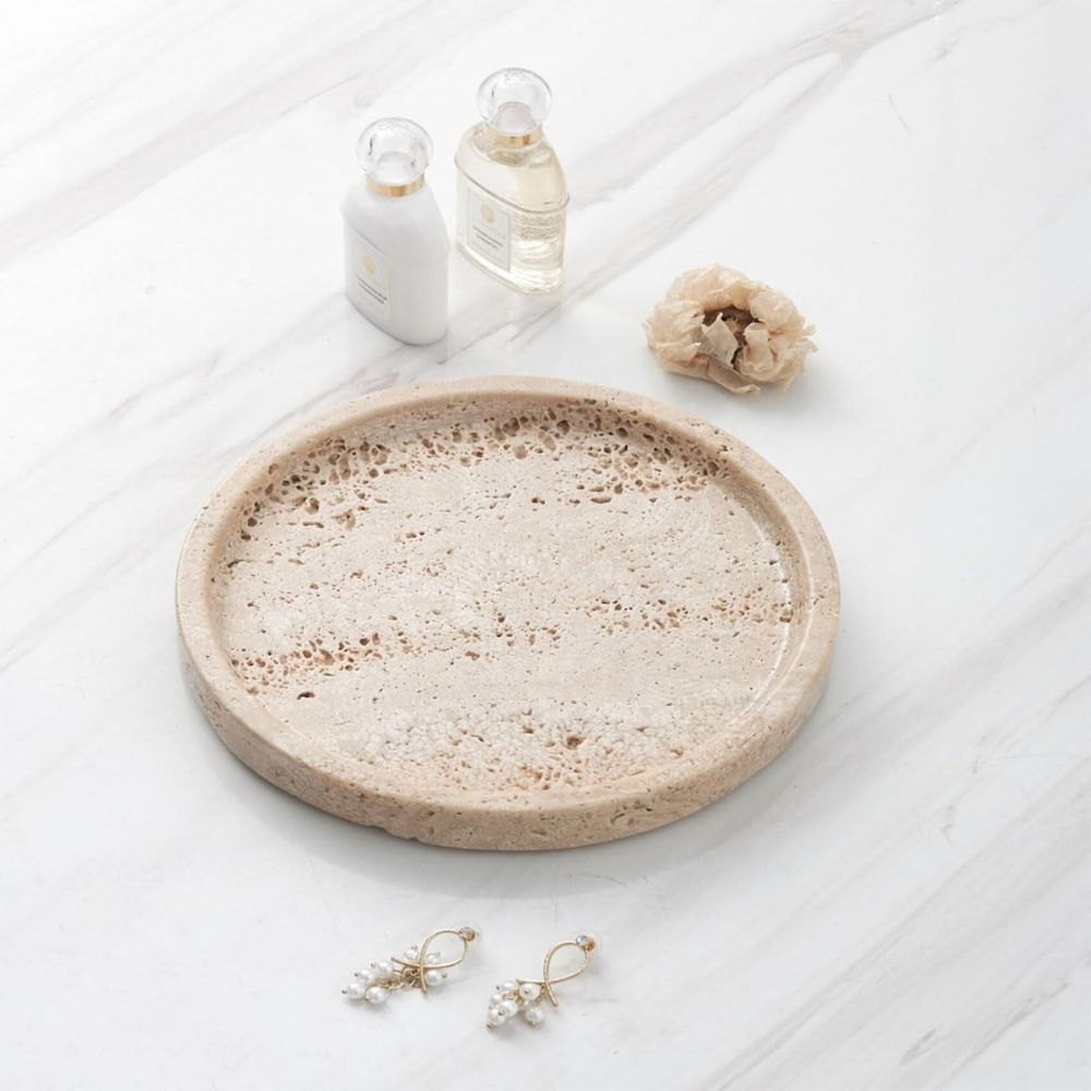Round Travertine Stone Tray — product detail view