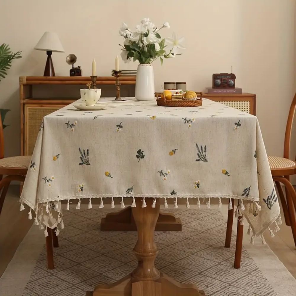 Rustic Bloom Tassel Tablecloth — product in use