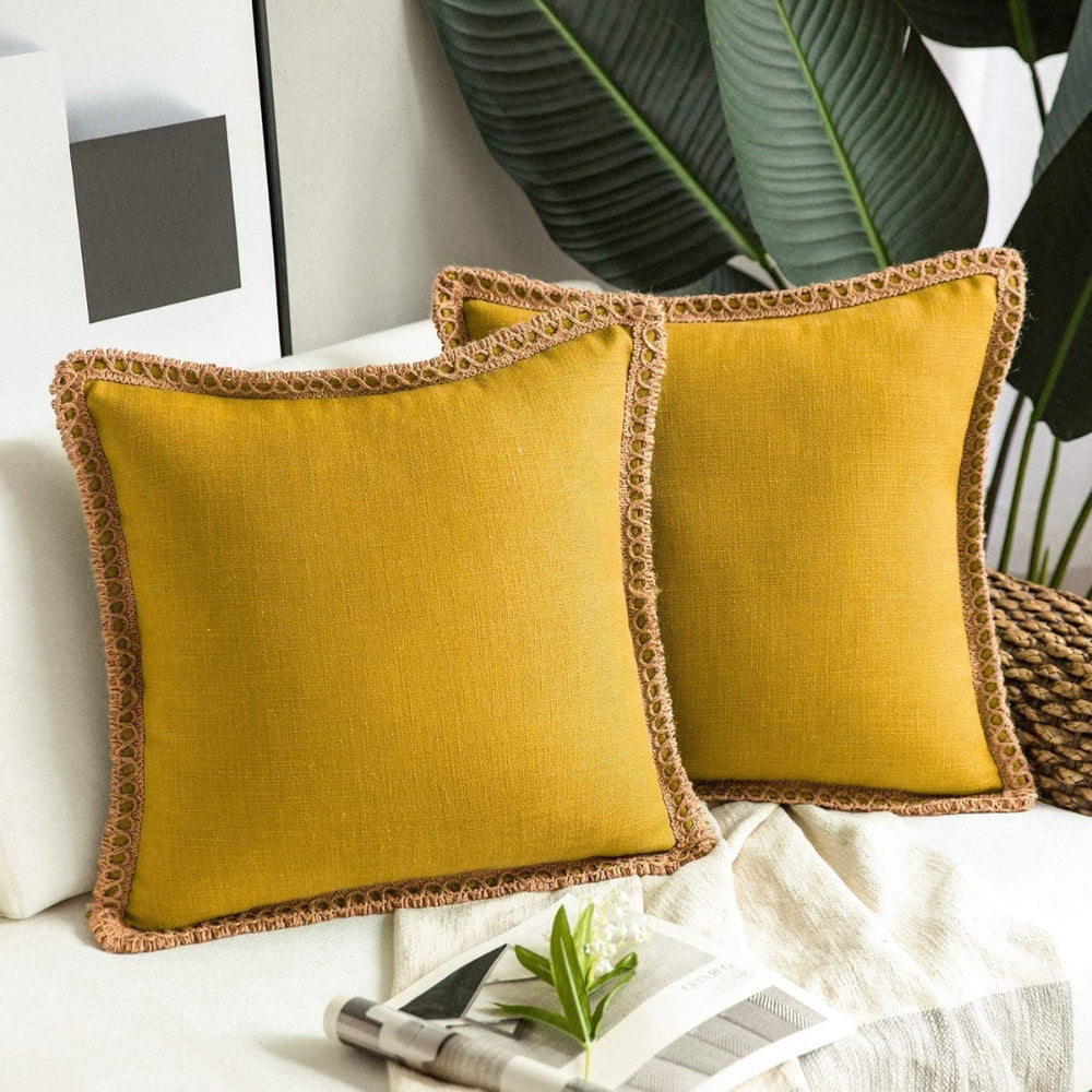 Rustic Linen Trim Decorative Cushion Cover — alternate angle view